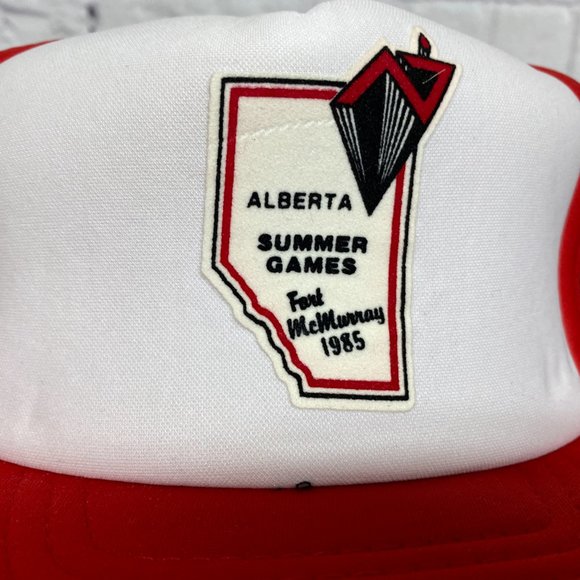 Vintage Trucker Hat Mesh Cap Snapback White Red Black Alberta Summer Games 1985 - Picture 6 of 9